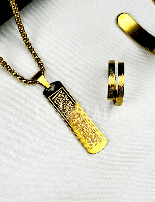 (3 in 1 Combo)Golden Ayat Al-Kursi Flat Pendant + Ayat Al-Kursi Ring + Ayat Al-Kursi Bracelet