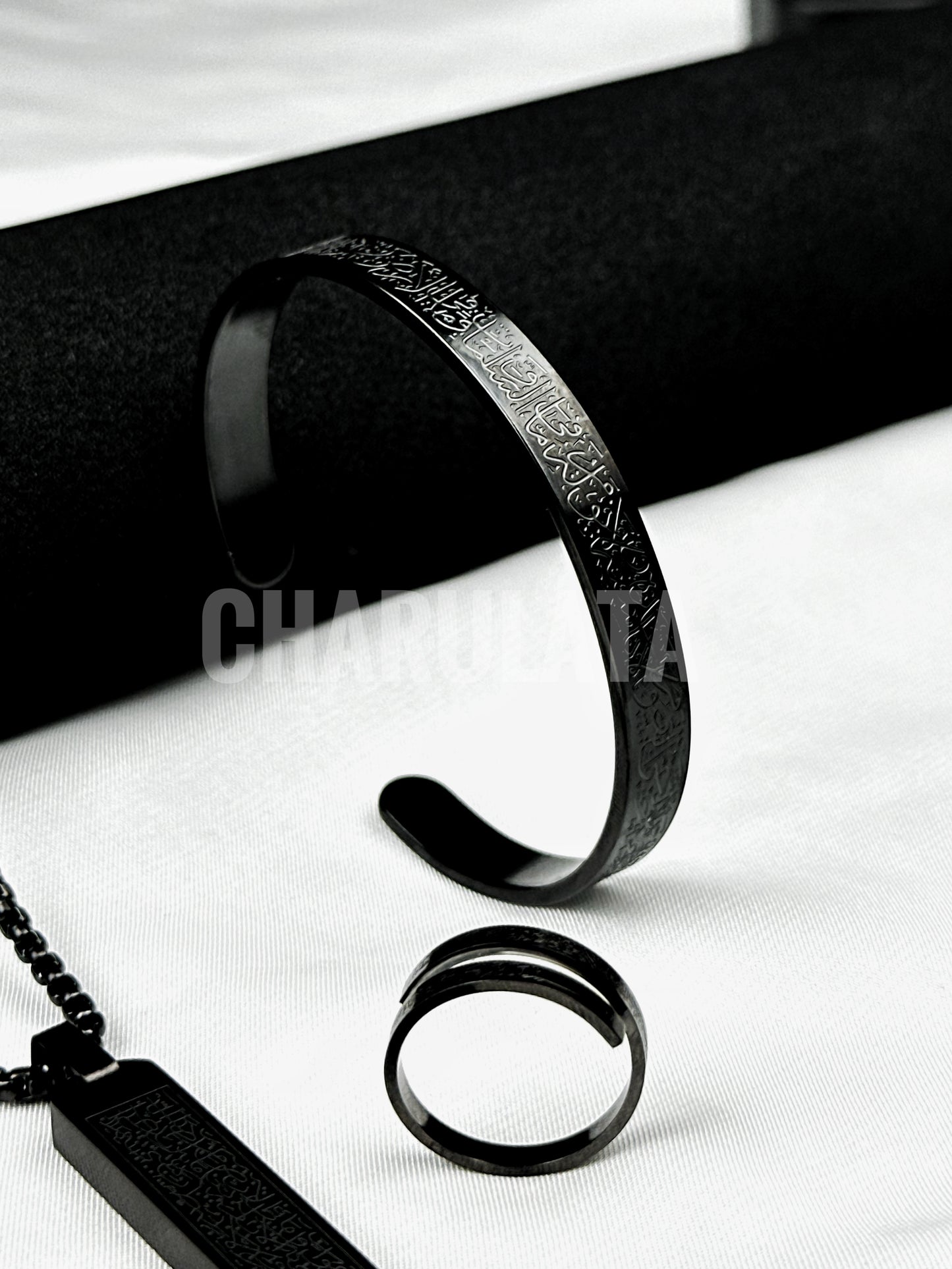 (3 in 1 Combo)Black Ayat Al-Kursi Piller Pendant + Ayat Al-Kursi Ring + Ayat Al-Kursi Bracelet