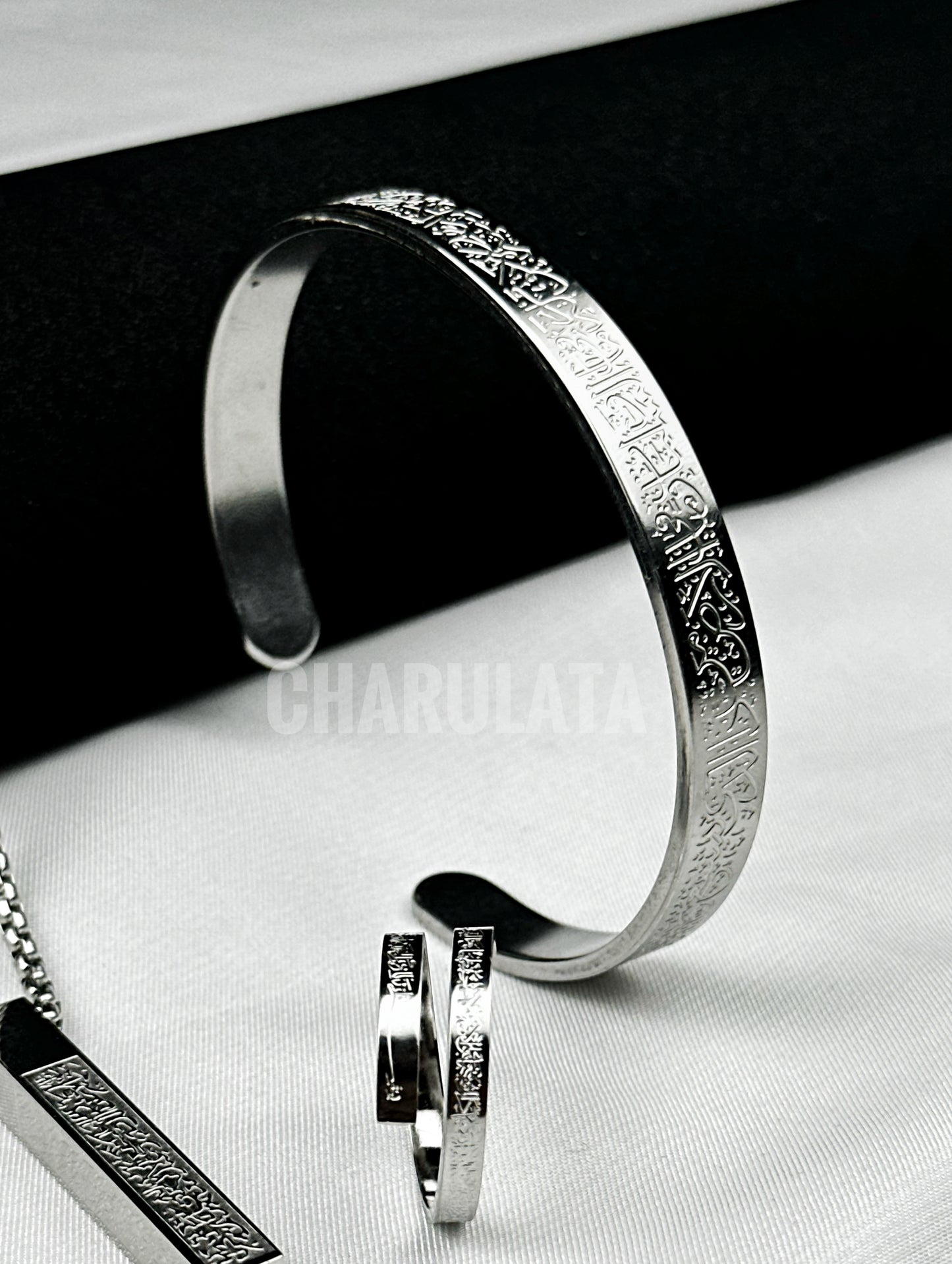 (3 in 1 Combo)Silver Ayat Al-Kursi Bar Pendant + Ayat Al-Kursi Ring + Ayat Al-Kursi Bracelet