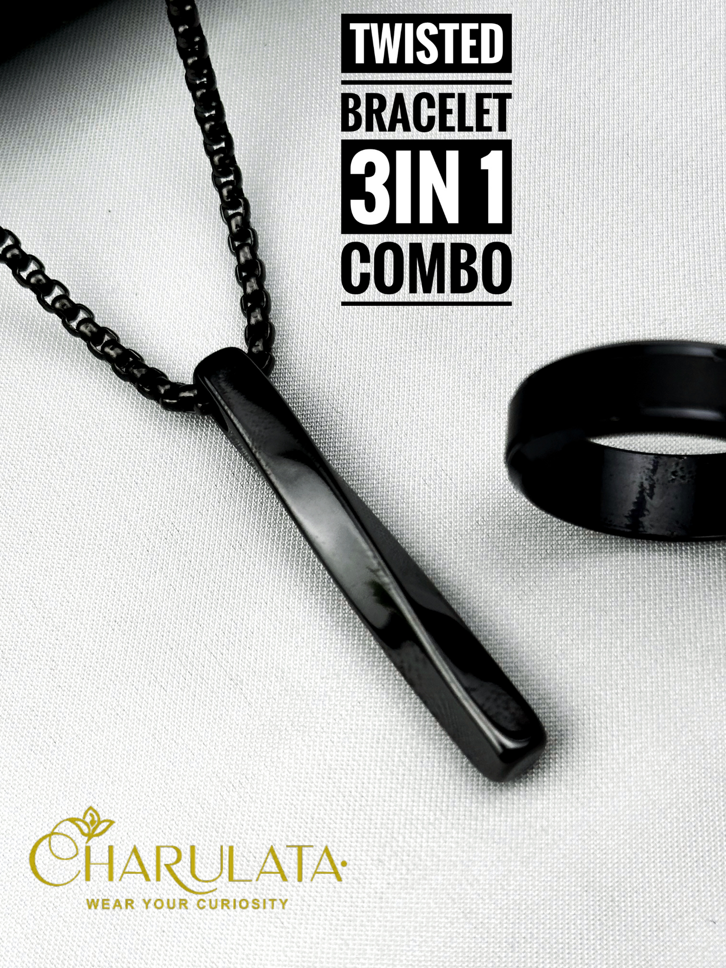 (3 in 1 Combo) Black Twisted Bracelet + Twisted Pendant + Zero Gravity Ring