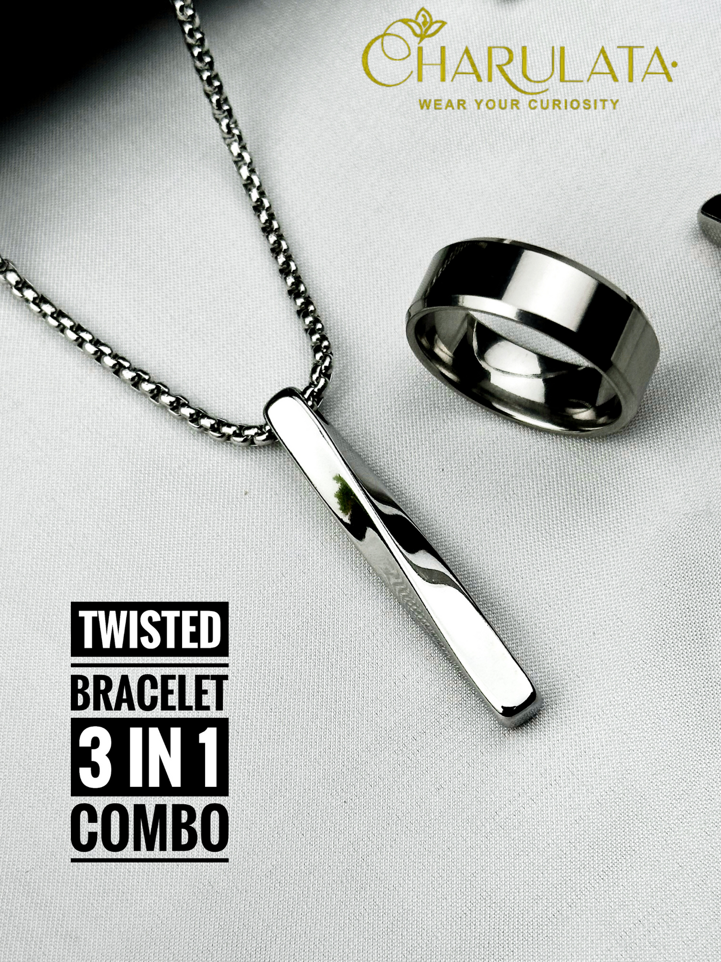 (3 in 1 Combo) Silver Twisted Bracelet + Twisted Pendant + Zero Gravity Ring
