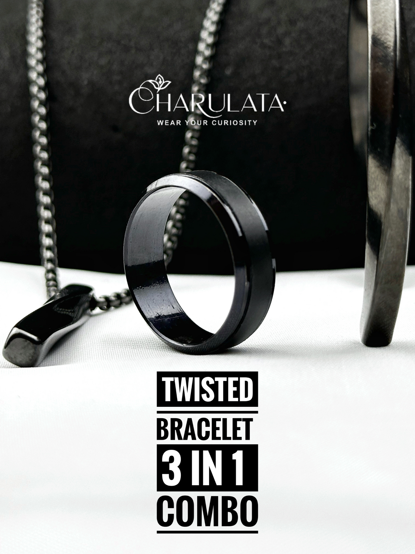 (3 in 1 Combo) Black Twisted Bracelet + Twisted Pendant + Zero Gravity Ring