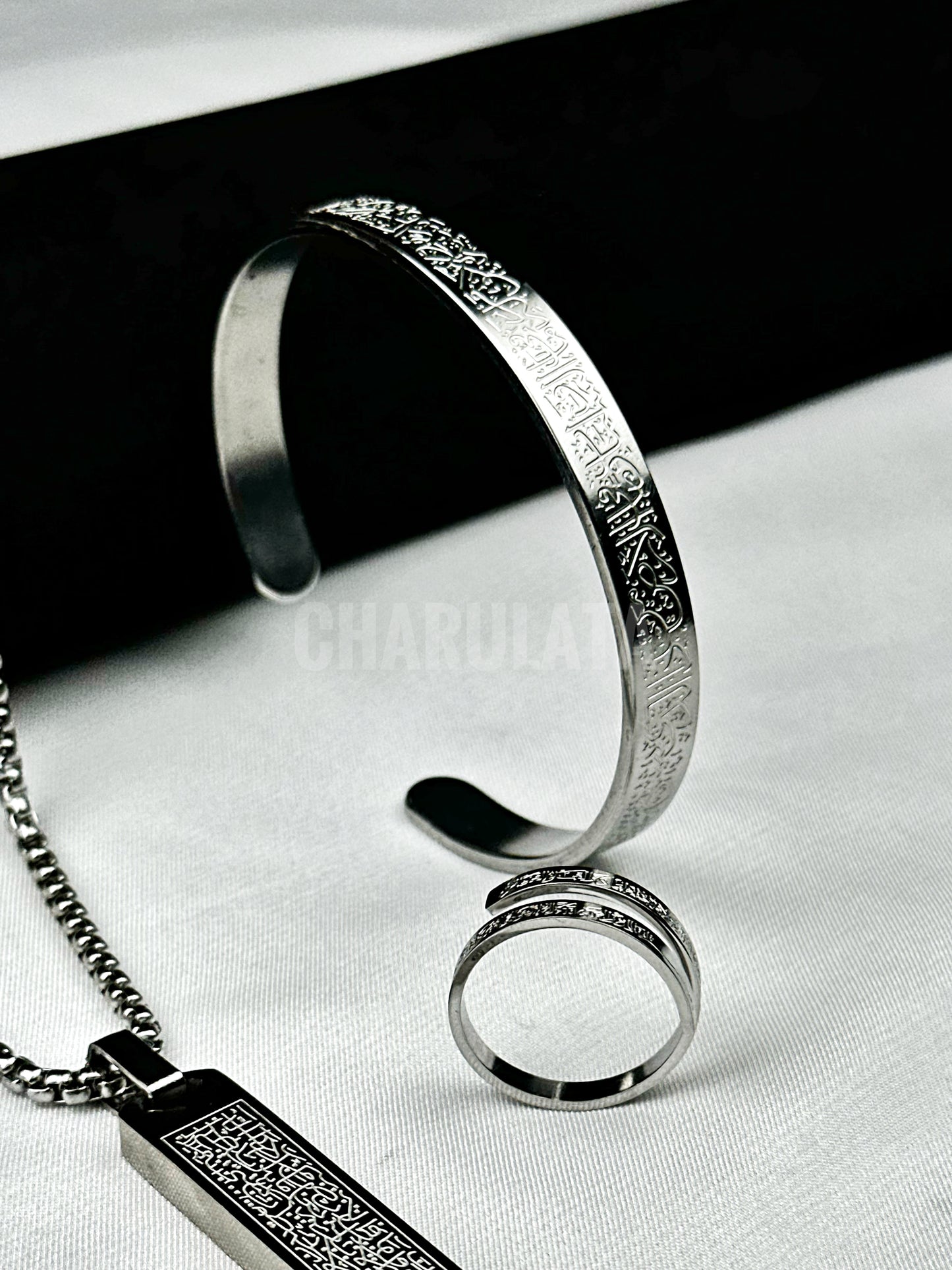 (3 in 1 Combo)Silver Ayat Al-Kursi Piller Pendant + Ayat Al-Kursi Ring + Ayat Al-Kursi Bracelet
