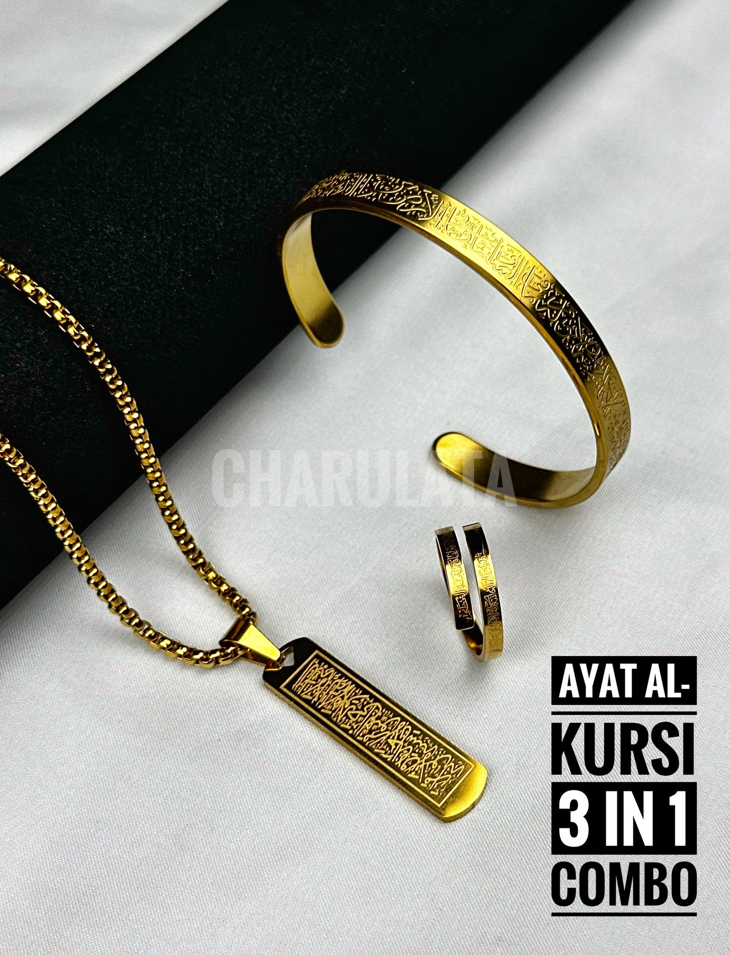 (3 in 1 Combo)Golden Ayat Al-Kursi Flat Pendant + Ayat Al-Kursi Ring + Ayat Al-Kursi Bracelet