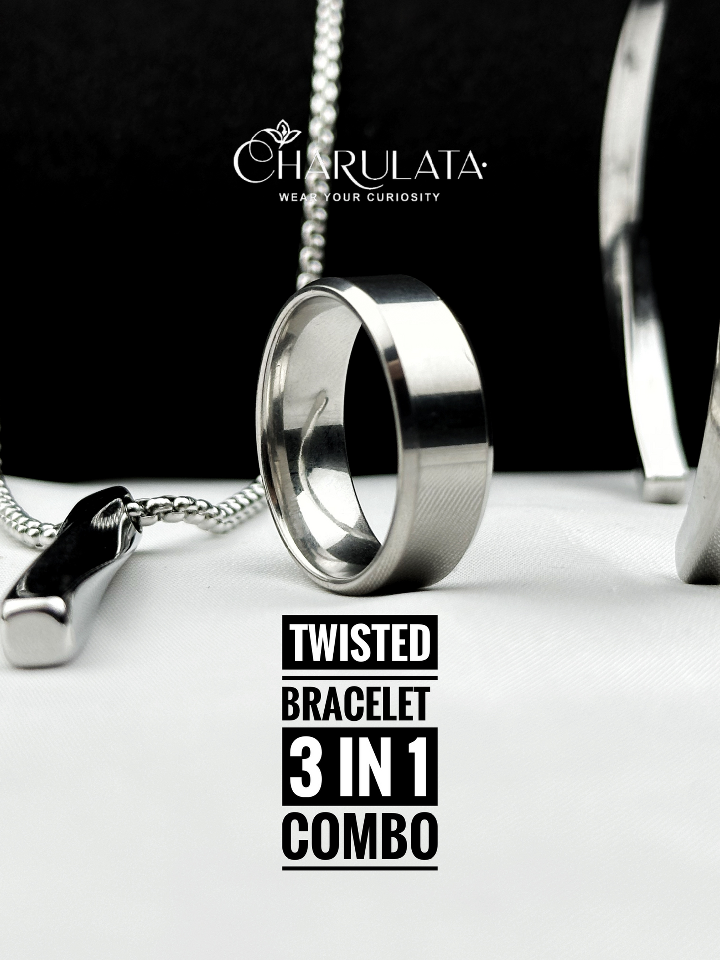 (3 in 1 Combo) Silver Twisted Bracelet + Twisted Pendant + Zero Gravity Ring