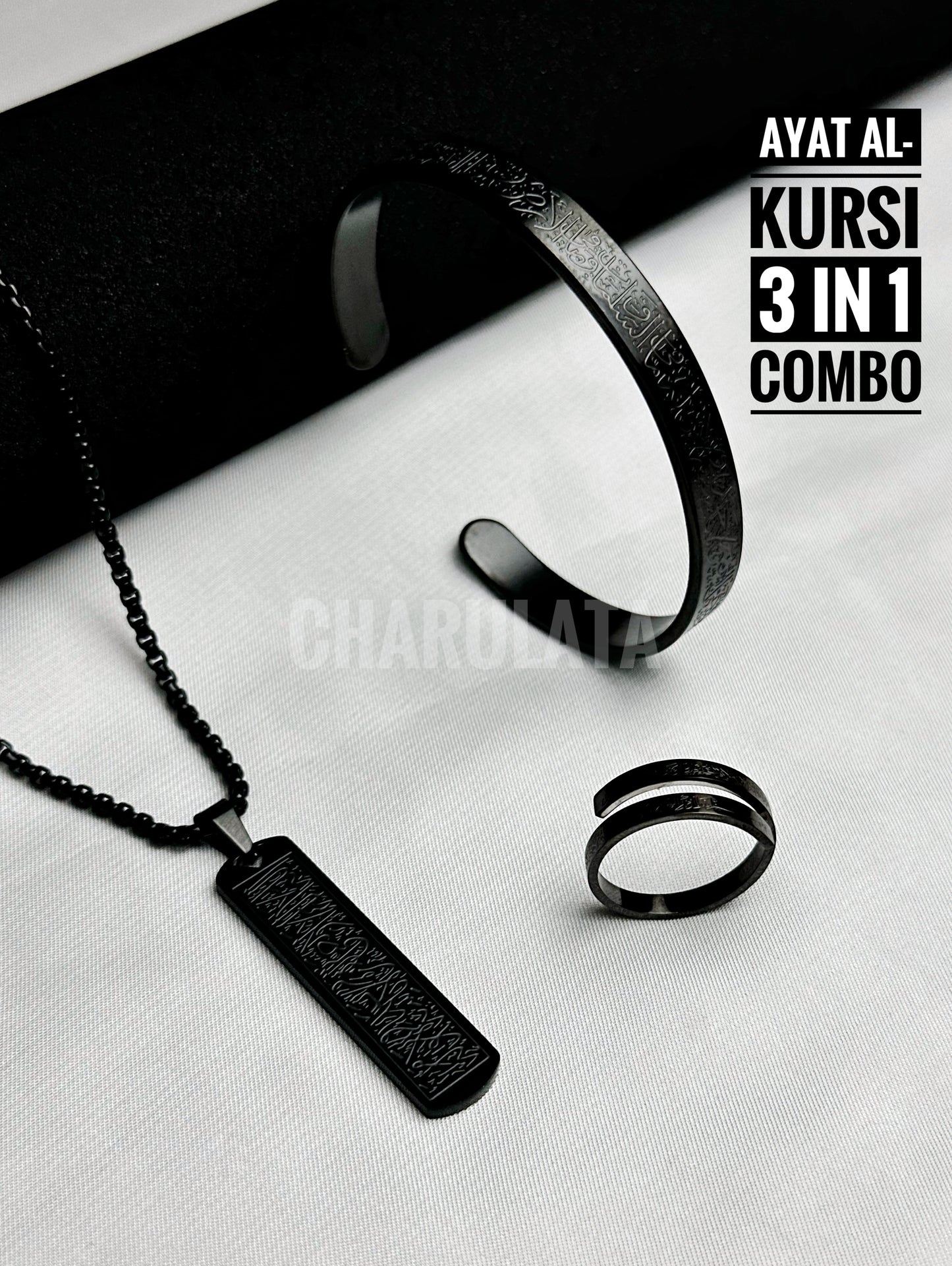 (3 in 1 Combo)Black Ayat Al-Kursi Flat Pendant + Ayat Al-Kursi Ring + Ayat Al-Kursi Bracelet
