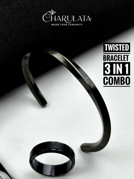 (3 in 1 Combo) Black Twisted Bracelet + Twisted Pendant + Zero Gravity Ring
