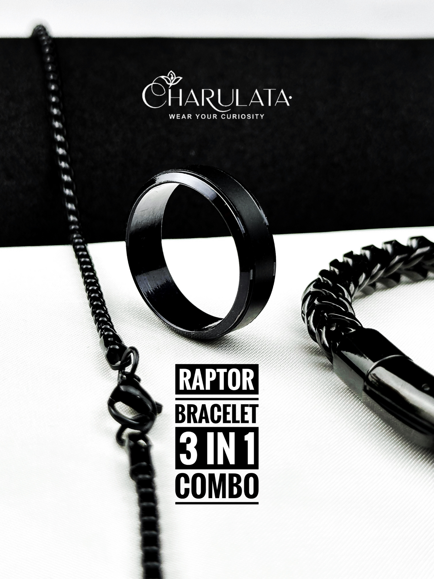 (3 in 1 Combo) Black Raptor Bracelet  Mechanix Loop Chain + Zero Gravity Ring
