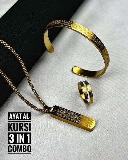(3 in 1 Combo)Golden Ayat Al-Kursi Piller Pendant + Ayat Al-Kursi Ring + Ayat Al-Kursi Bracelet