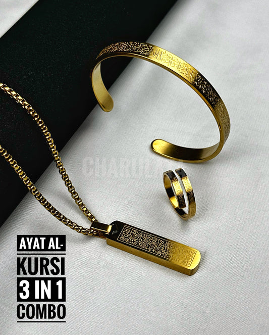(3 in 1 Combo)Golden Ayat Al-Kursi Piller Pendant + Ayat Al-Kursi Ring + Ayat Al-Kursi Bracelet