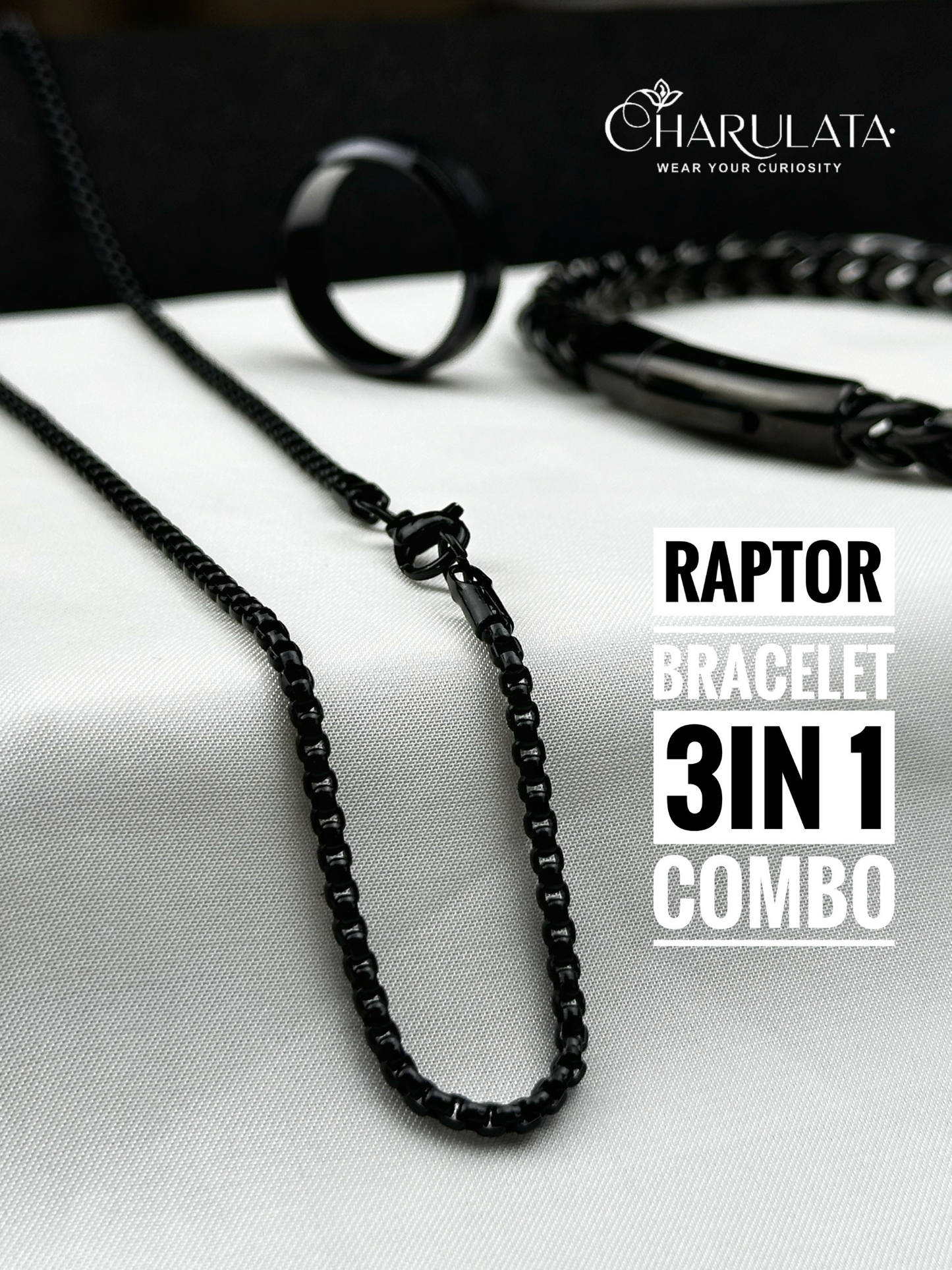 (3 in 1 Combo) Black Raptor Bracelet  Mechanix Loop Chain + Zero Gravity Ring