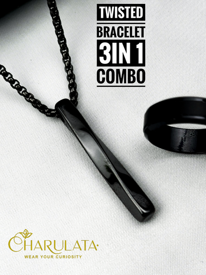 (3 in 1 Combo) Black Twisted Bracelet + Twisted Pendant + Zero Gravity Ring