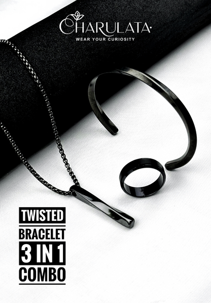 (3 in 1 Combo) Black Twisted Bracelet + Twisted Pendant + Zero Gravity Ring