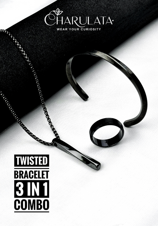 (3 in 1 Combo) Black Twisted Bracelet + Twisted Pendant + Zero Gravity Ring