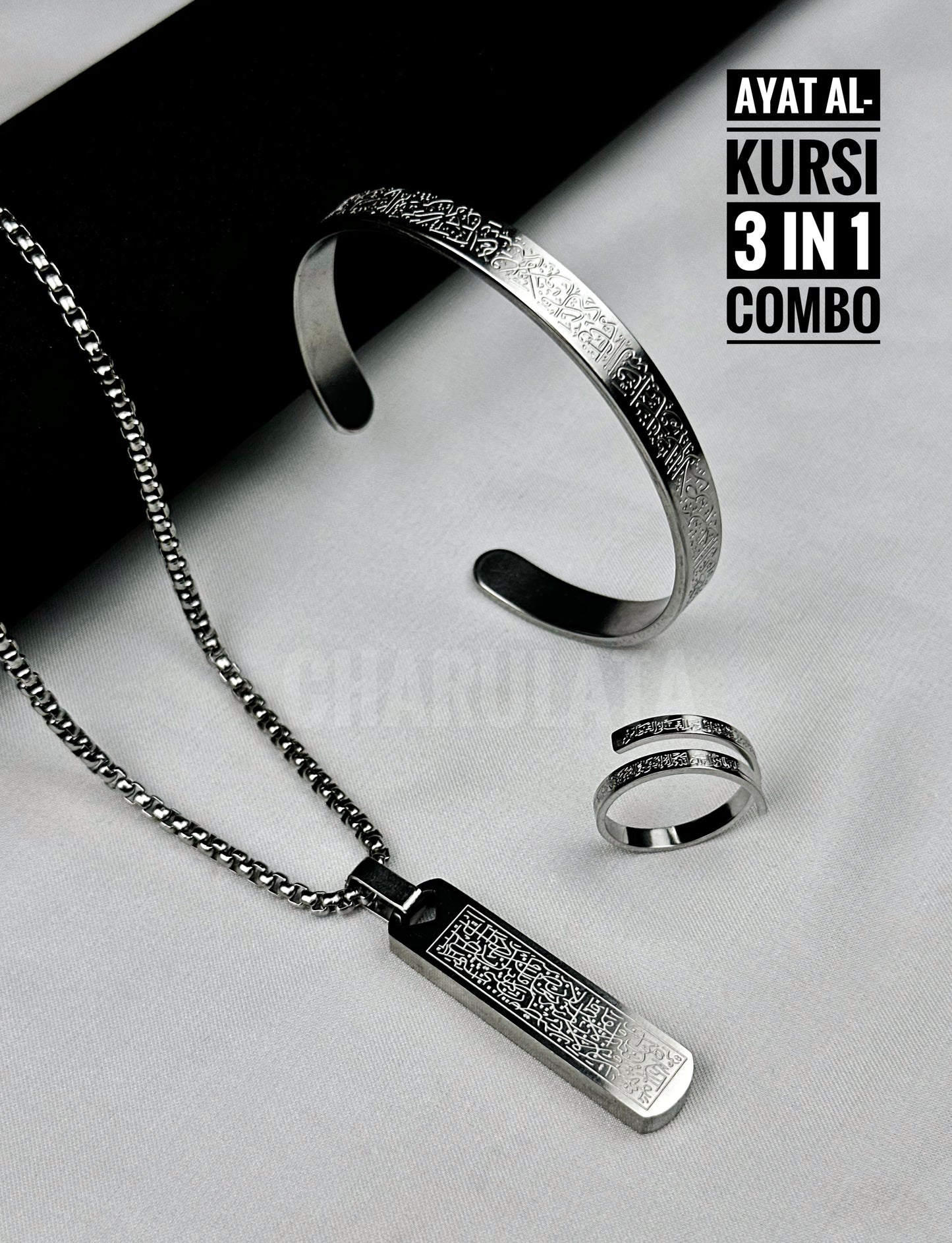 (3 in 1 Combo)Silver Ayat Al-Kursi Piller Pendant + Ayat Al-Kursi Ring + Ayat Al-Kursi Bracelet