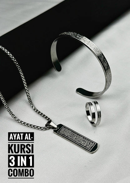 (3 in 1 Combo)Silver Ayat Al-Kursi Flat Pendant + Ayat Al-Kursi Ring + Ayat Al-Kursi Bracelet