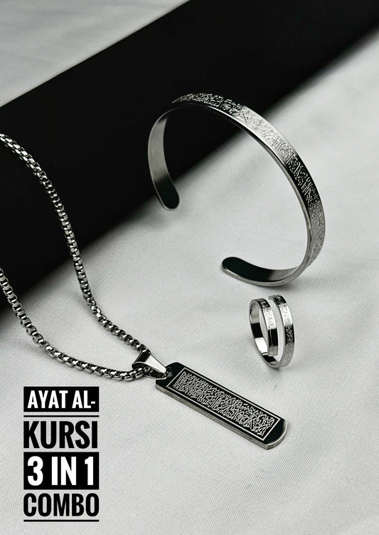 (3 in 1 Combo)Silver Ayat Al-Kursi Flat Pendant + Ayat Al-Kursi Ring + Ayat Al-Kursi Bracelet