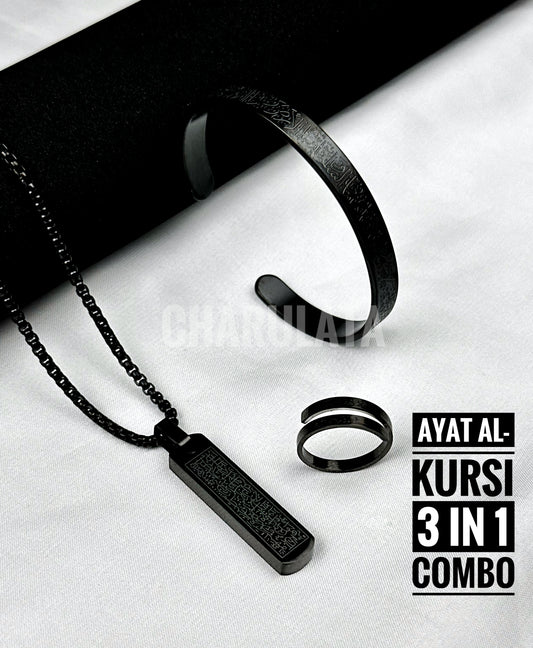 (3 in 1 Combo)Black Ayat Al-Kursi Piller Pendant + Ayat Al-Kursi Ring + Ayat Al-Kursi Bracelet