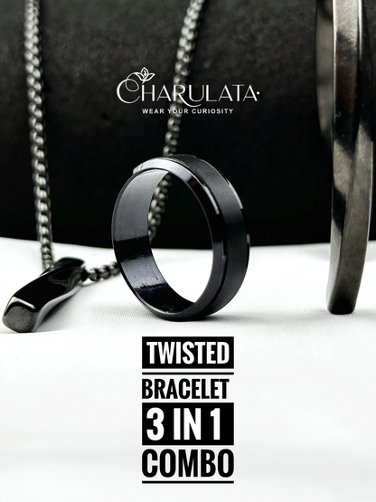 (3 in 1 Combo) Black Twisted Bracelet + Twisted Pendant + Zero Gravity Ring
