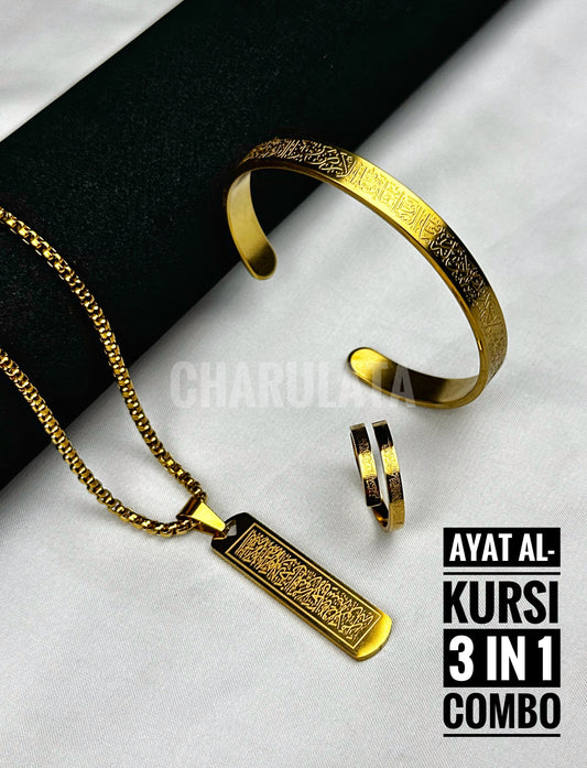 (3 in 1 Combo)Golden Ayat Al-Kursi Flat Pendant + Ayat Al-Kursi Ring + Ayat Al-Kursi Bracelet