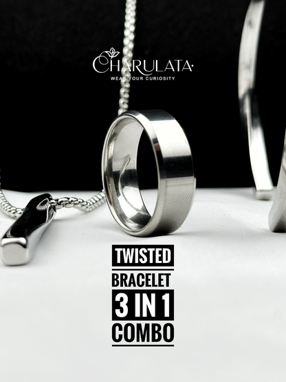 (3 in 1 Combo) Silver Twisted Bracelet + Twisted Pendant + Zero Gravity Ring