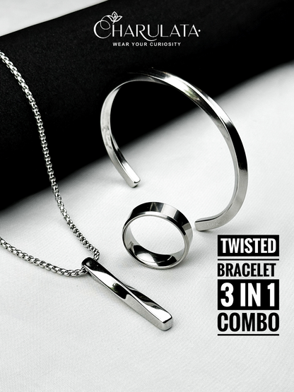 (3 in 1 Combo) Silver Twisted Bracelet + Twisted Pendant + Zero Gravity Ring