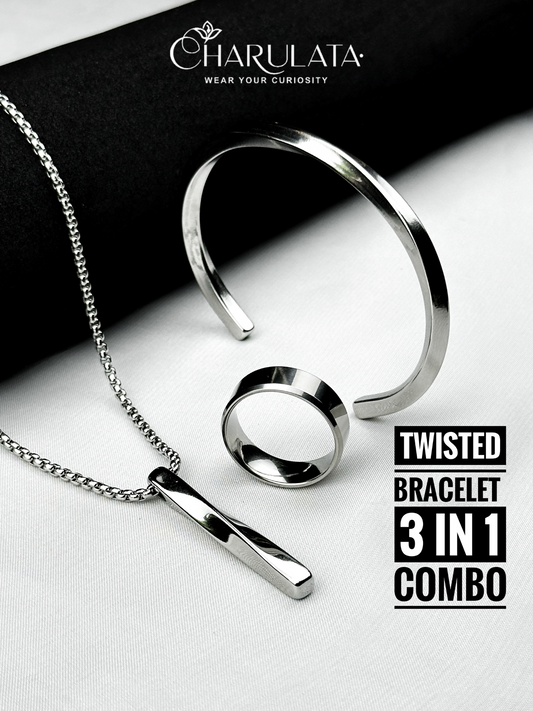 (3 in 1 Combo) Silver Twisted Bracelet + Twisted Pendant + Zero Gravity Ring