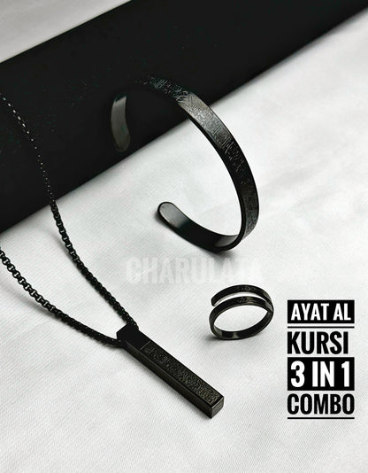 (3 in 1 Combo)Black Ayat Al-Kursi Bar Pendant + Ayat Al-Kursi Ring + Ayat Al-Kursi Bracelet