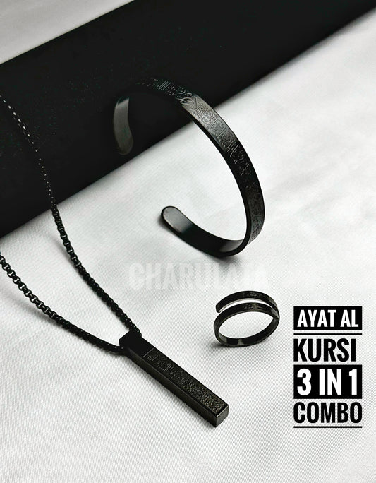 (3 in 1 Combo)Black Ayat Al-Kursi Bar Pendant + Ayat Al-Kursi Ring + Ayat Al-Kursi Bracelet