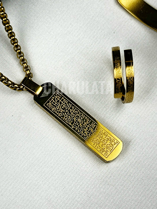 (3 in 1 Combo)Golden Ayat Al-Kursi Piller Pendant + Ayat Al-Kursi Ring + Ayat Al-Kursi Bracelet