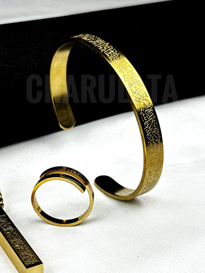 (3 in 1 Combo)Golden Ayat Al-Kursi Bar Pendant + Ayat Al-Kursi Ring + Ayat Al-Kursi Bracelet